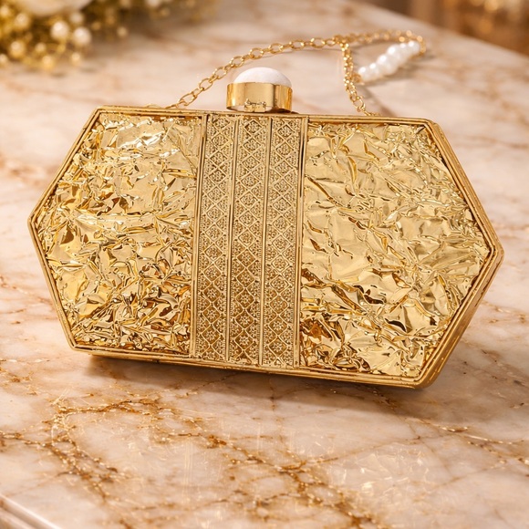 Gold Floral Pearl-Embellished Evening Clutch - Picture 2 of 7